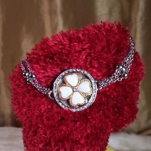9"  White Four Leaf Clover with Rhinestones Silver Bracelet